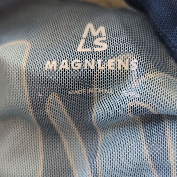 Magnlens navy blue sheer mesh cursive print mock neck top size L  Nwot ECHO - Picture 5 of 6